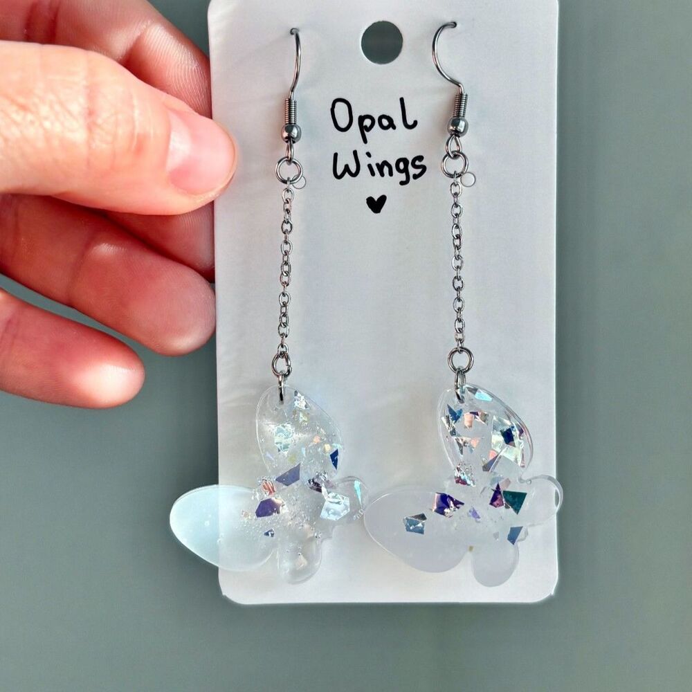 Butterfly Dangle Earrings with Iridescent Flakes and Silver Chain